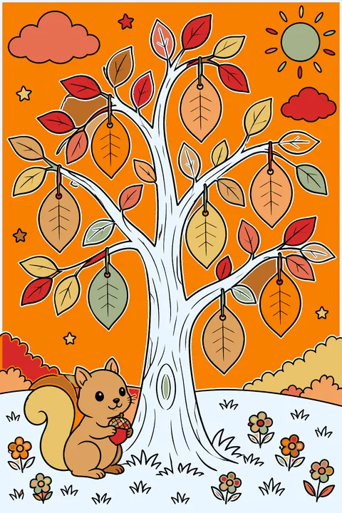 A tree with leaf-shaped paper notes hanging from its branches coloring page