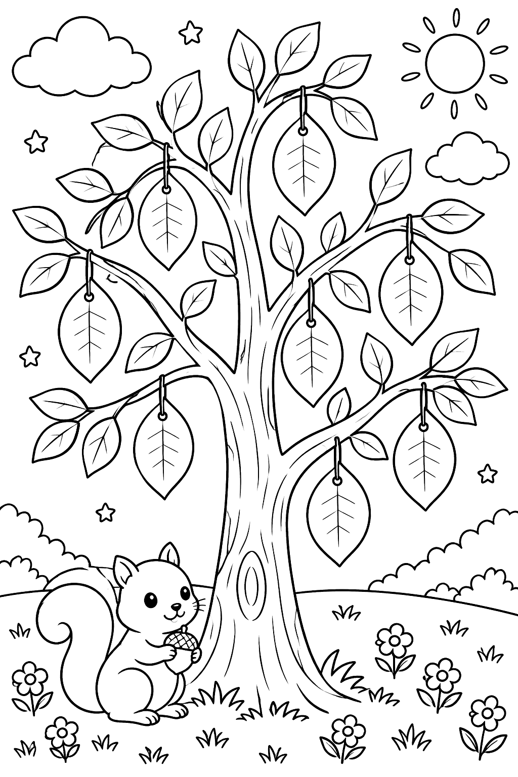 A tree with leaf-shaped paper notes hanging from its branches coloring page