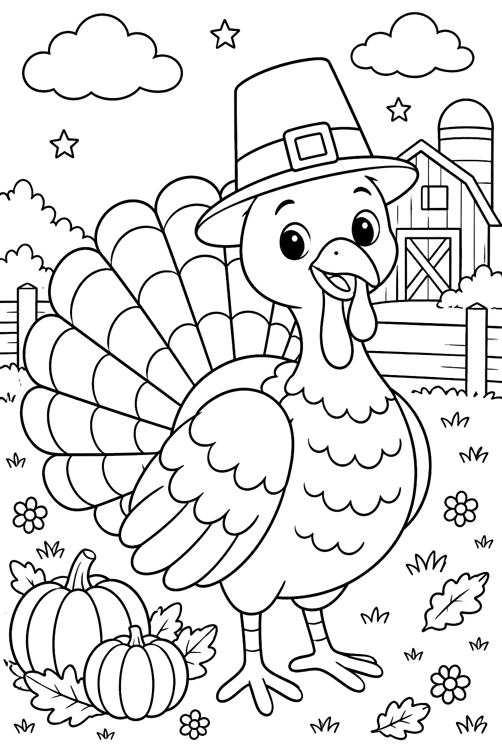 A turkey wearing a pilgrim hat coloring page