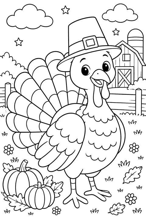 A turkey wearing a pilgrim hat coloring page