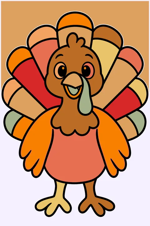 A cheerful turkey with a big fan of tail feathers coloring page