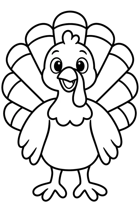 A cheerful turkey with a big fan of tail feathers coloring page