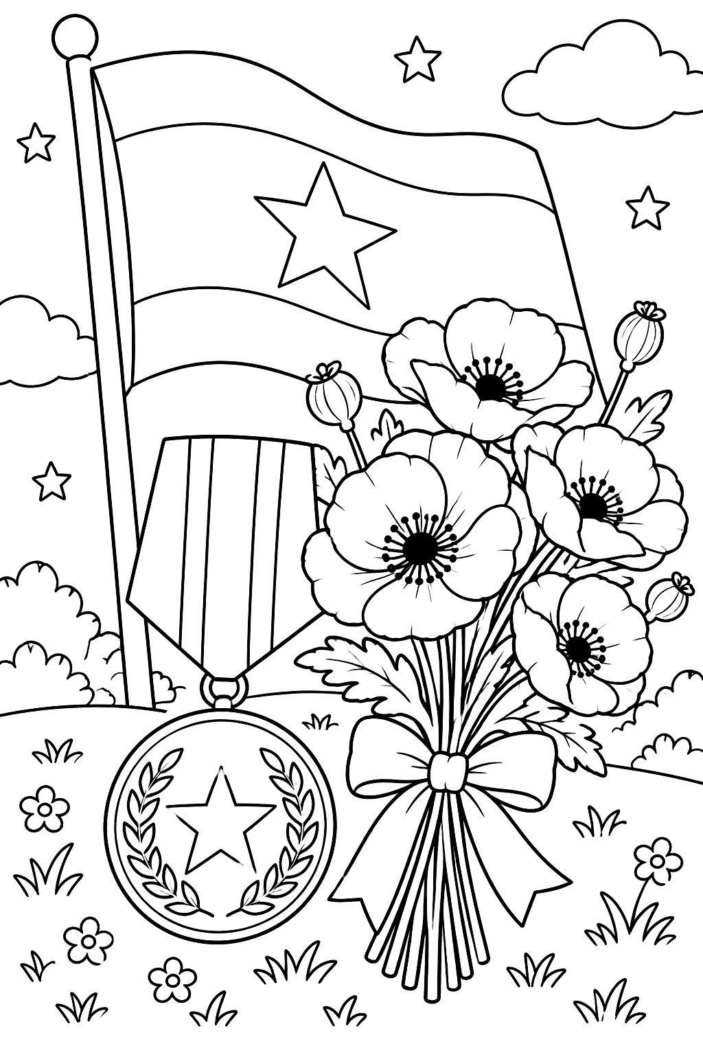 A flag and a medal with a bouquet of poppies coloring page