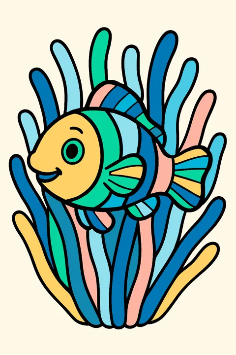 Clownfish swimming in a sea anemone coloring page