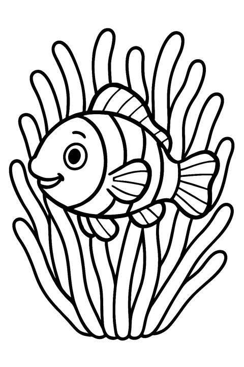 Clownfish swimming in a sea anemone coloring page