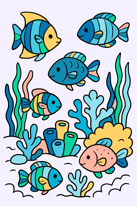 Coral reef scene with fish, coral and seaweed coloring page