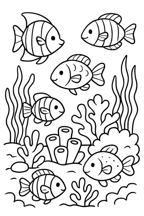 Coral reef scene with fish, coral and seaweed coloring page