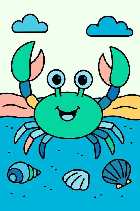 Crab waving its claws on a sandy beach with shells coloring page
