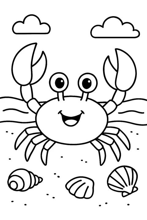 Crab waving its claws on a sandy beach with shells coloring page