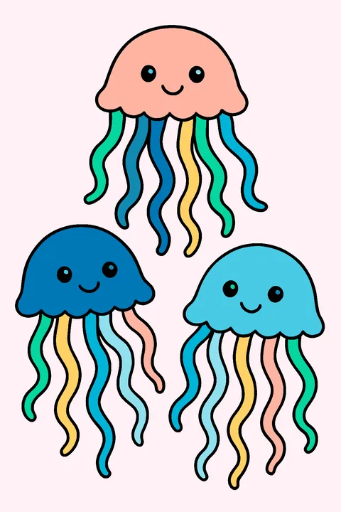 Three jellyfish floating with long wavy tentacles coloring page