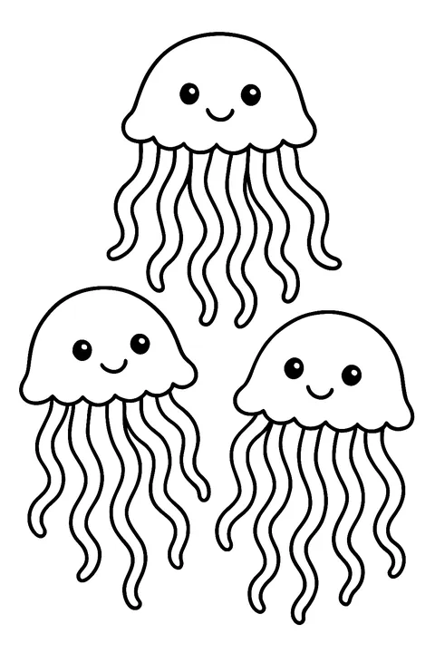 Three jellyfish floating with long wavy tentacles coloring page
