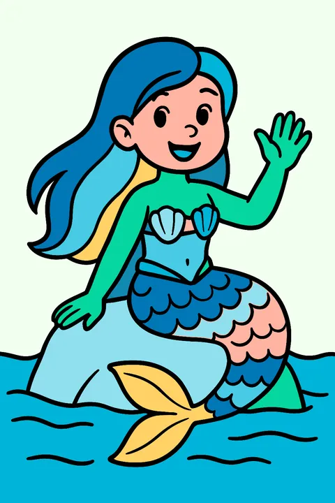 Original mermaid with long hair sitting on a rock in the sea, waving coloring page