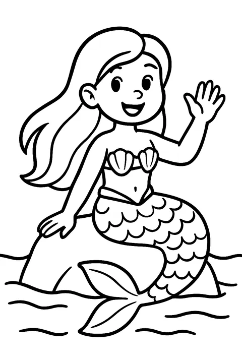 Original mermaid with long hair sitting on a rock in the sea, waving coloring page