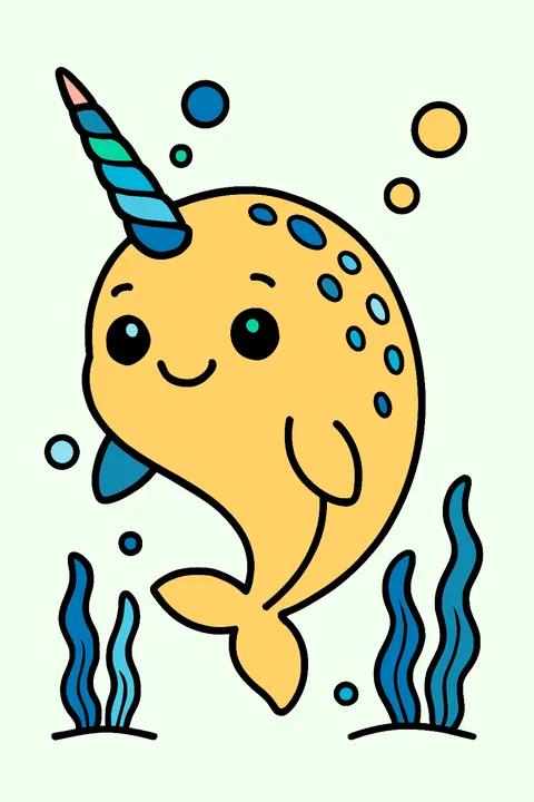 Cute narwhal with a spiral tusk swimming under the sea coloring page