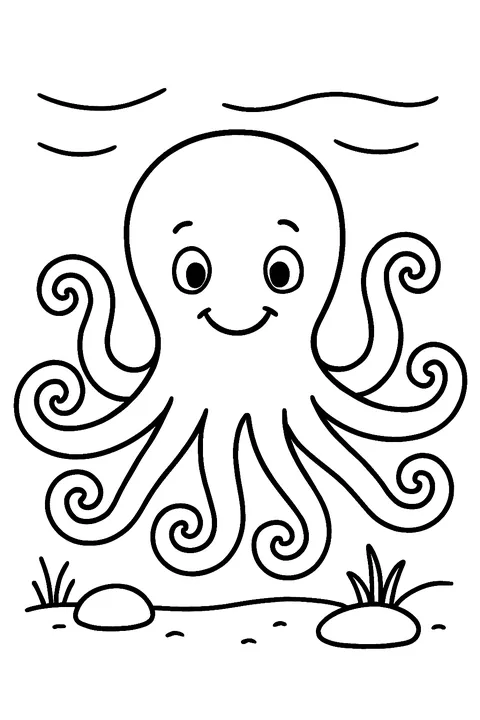 Smiling octopus with curly tentacles on the sea floor coloring page