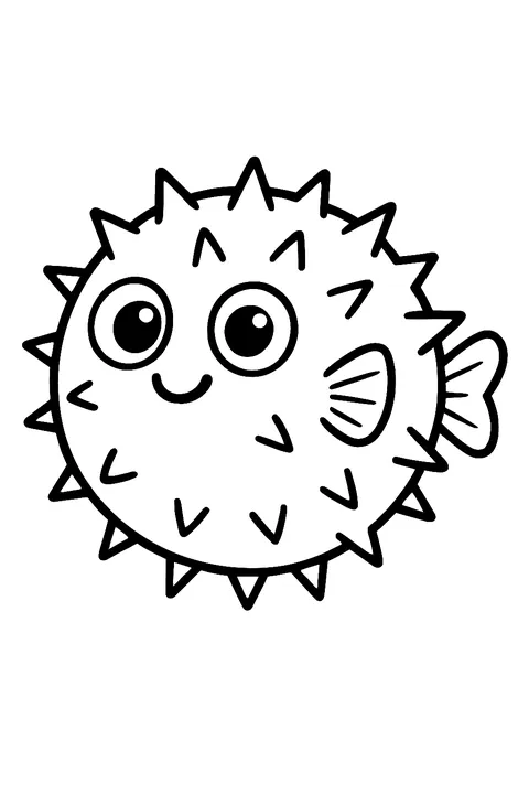 Round puffed-up pufferfish with spikes and big eyes coloring page