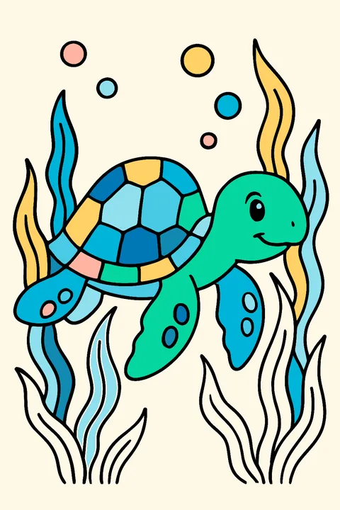 Sea turtle swimming among seaweed and bubbles coloring page