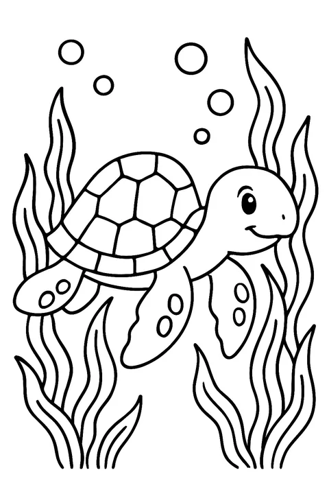 Sea turtle swimming among seaweed and bubbles coloring page