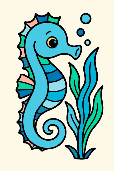 Seahorse holding on to seaweed with its curly tail coloring page