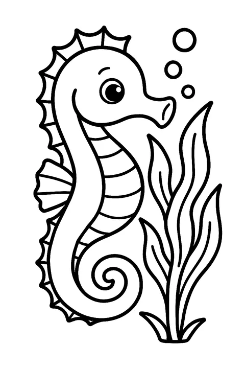 Seahorse holding on to seaweed with its curly tail coloring page