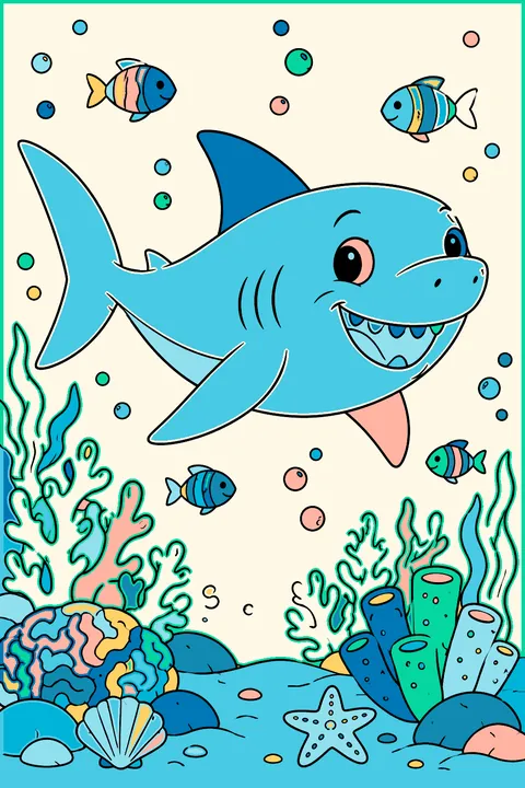Friendly cartoon shark swimming past coral coloring page