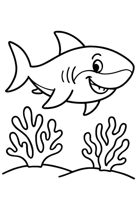Friendly cartoon shark swimming past coral coloring page