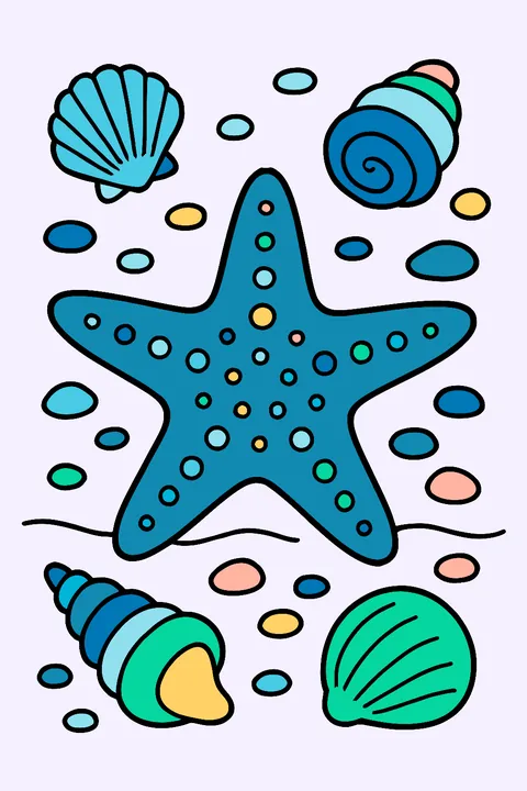 Starfish surrounded by seashells and pebbles on the sand coloring page
