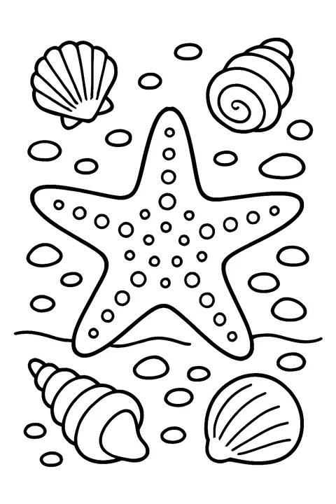 Starfish surrounded by seashells and pebbles on the sand coloring page