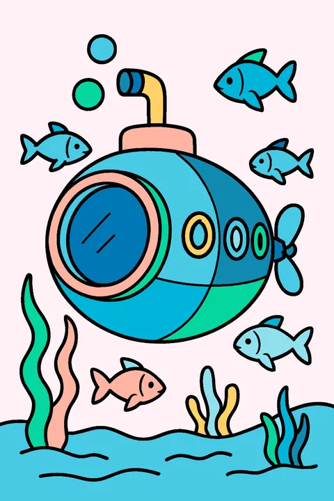 Small round submarine exploring the deep sea with fish coloring page
