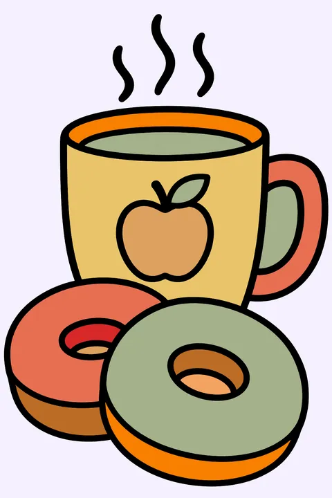 Apple cider donuts and a mug of cider coloring page