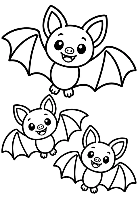 Three cute bats flying coloring page