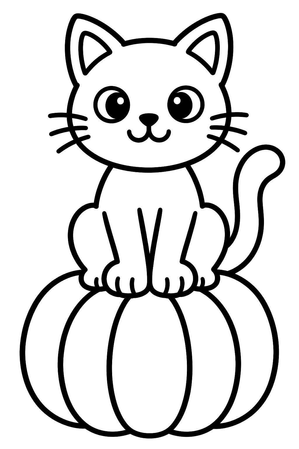 A black cat sitting on a pumpkin coloring page