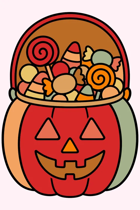 A pumpkin-shaped bucket overflowing with candy coloring page