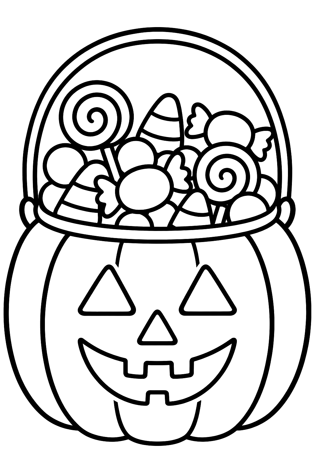 A pumpkin-shaped bucket overflowing with candy coloring page