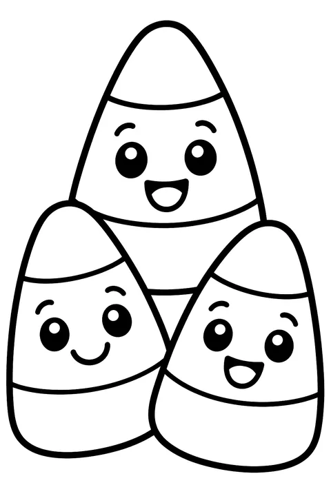 Three pieces of candy corn with faces coloring page