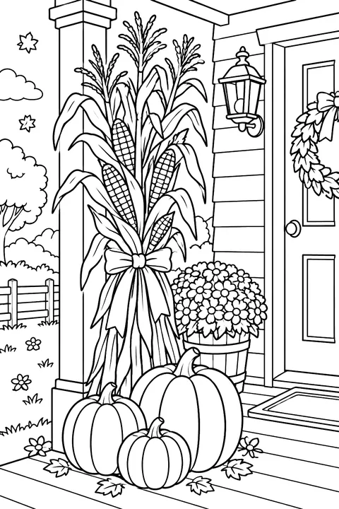 Corn stalks tied by a porch with pumpkins coloring page