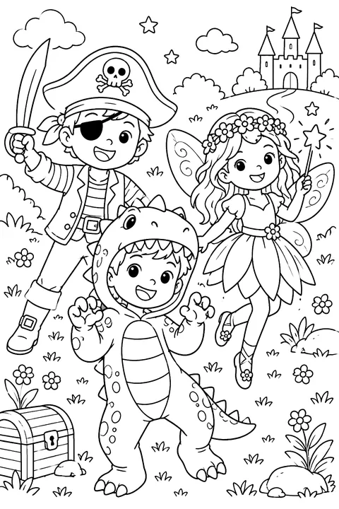 Kids in costumes: a pirate, a dinosaur and a fairy coloring page