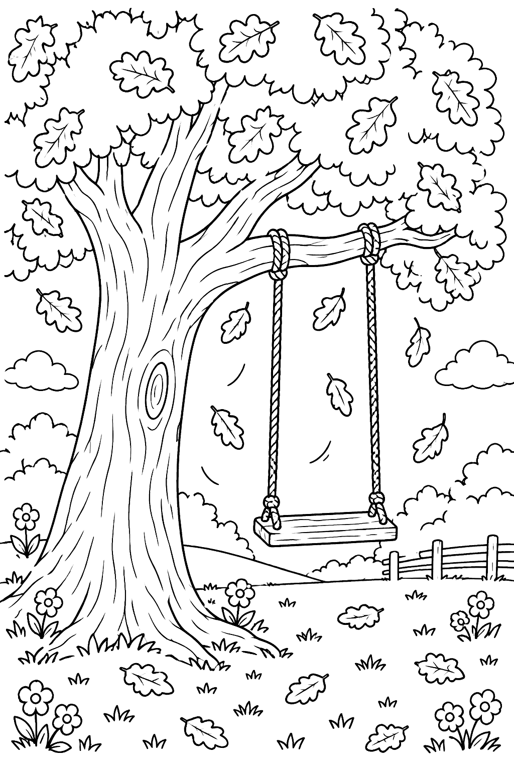 A big oak tree with falling leaves and a swing coloring page