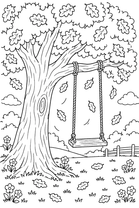 A big oak tree with falling leaves and a swing coloring page