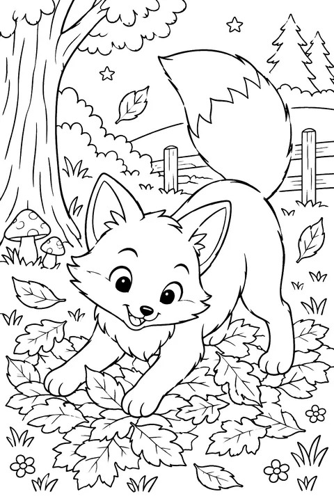 A fox playing in fallen leaves coloring page