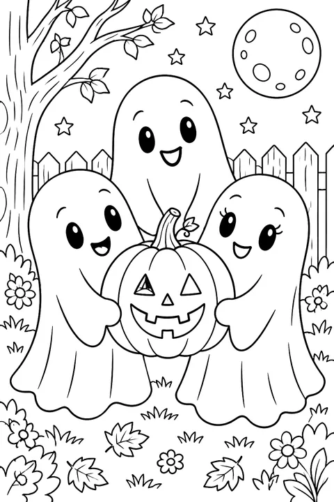 Three friendly ghosts holding a pumpkin coloring page