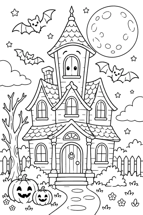 A friendly haunted house with bats and a moon coloring page