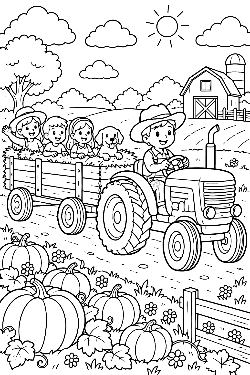 A tractor pulling a hayride past a pumpkin field coloring page