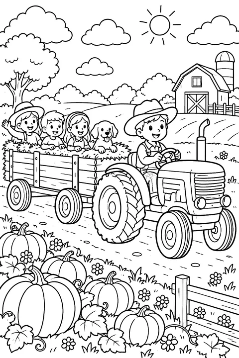 A tractor pulling a hayride past a pumpkin field coloring page