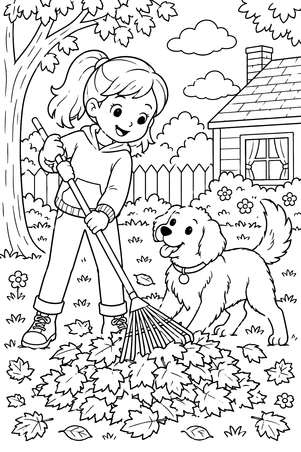A child raking a pile of leaves with a dog coloring page