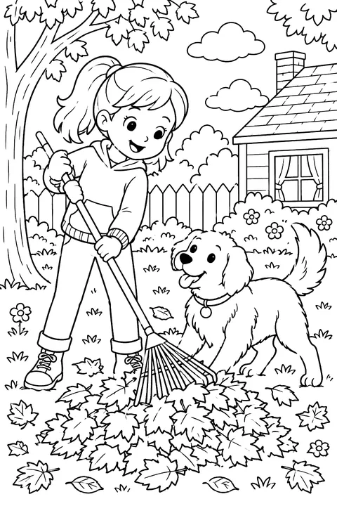 A child raking a pile of leaves with a dog coloring page