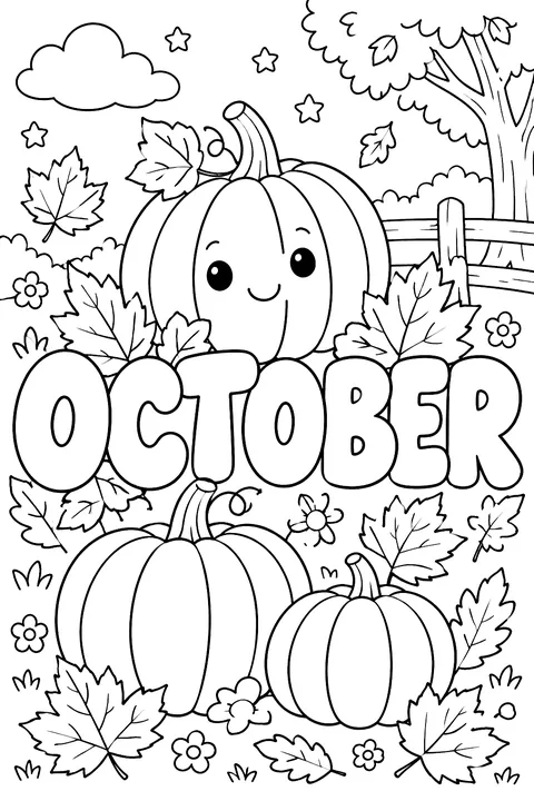 The word OCTOBER in big bubble outline letters with pumpkins and leaves coloring page