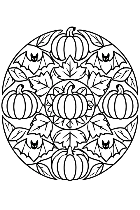 A round mandala of pumpkins, leaves and bats with bold closed shapes coloring page