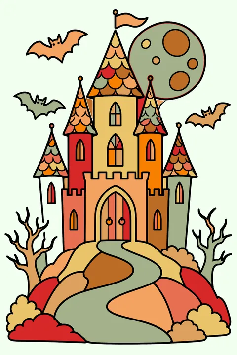 A spooky but cute castle on a hill under the moon with bats coloring page