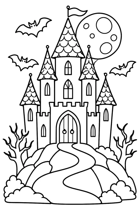 A spooky but cute castle on a hill under the moon with bats coloring page